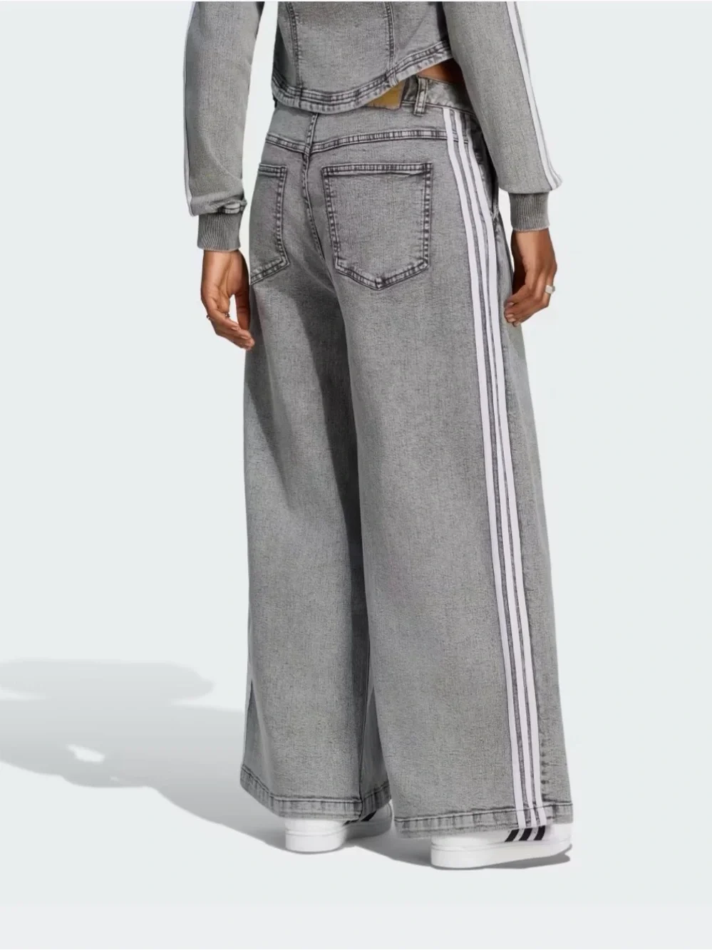 adidas Washed Grey Wide-Leg Flare Jeans with White Side Stripes